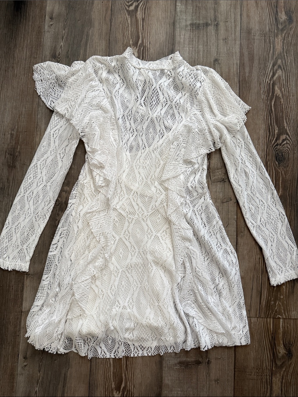 Free People White Lace Ruffle Long Sleeve Dress